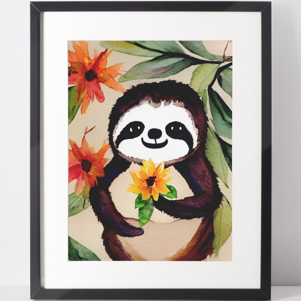Wall Art Watercolor Floral Cute Sloth Illustration Print Poster Card Unframed - Picture 1 of 5